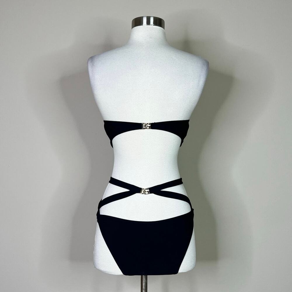 Dolce & Gabbana | Strappy Gold Logo Black Bandeau Designer One Piece Swimsuit M - Picture 9 of 13